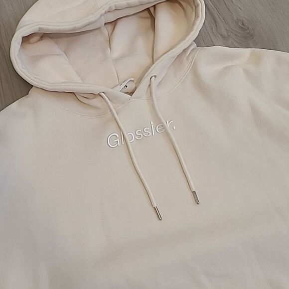 Glossier Limited Edition Embroidered Cream Hoodie Size XL unisex Kangaroo Pocket - Picture 2 of 9